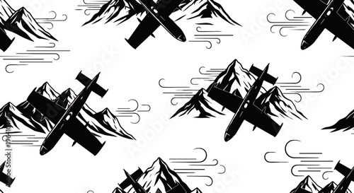seamless pattern of black silhouette airplanes flying over rugged mountain peaks a vintage aviation and travel background design.
