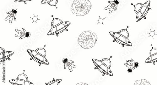 seamless pattern of hand drawn astronauts ufos and galaxy swirls perfect for childrens textile or space-themed digital art background