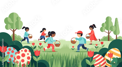 easter egg hunt with diverse children running collecting colorful eggs in a vibrant spring park a joyful outdoor holiday activity.