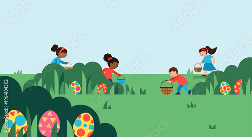 diverse group of children and kids enjoying an exciting easter egg hunt outdoors in a charming modern flat design illustration.