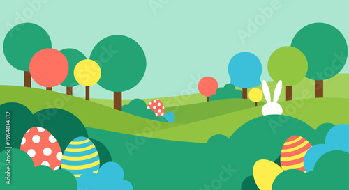 easter egg hunt in a vibrant spring landscape with a cute bunny and hidden eggs perfect for childrens holiday designs