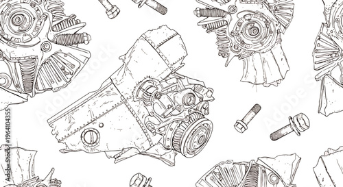 mechanical wreckage engine parts and industrial background create a seamless pattern line art of broken machinery and scattered bolts.