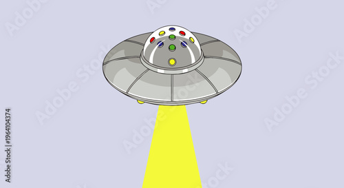 ufo flying saucer spaceship cartoon alien hovering with a bright yellow light beam in a clear blue sky perfect for sci-fi themes and childrens designs.