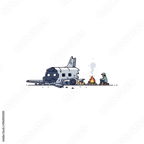 a stranded plane crash survivor sits by a warm campfire next to an airplane wreck depicting a moment of survival and human resilience.