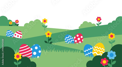 easter egg hunt flat design illustration of colorful easter eggs in a vibrant green spring landscape perfect for a cheerful holiday.