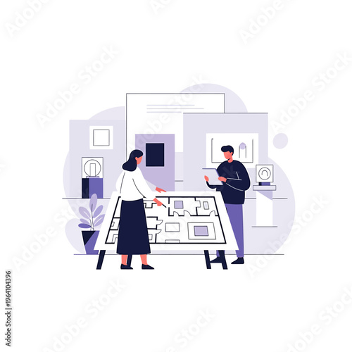 architects design team collaborating on a project plan in a modern office studio reviewing blueprints and creative ideas.