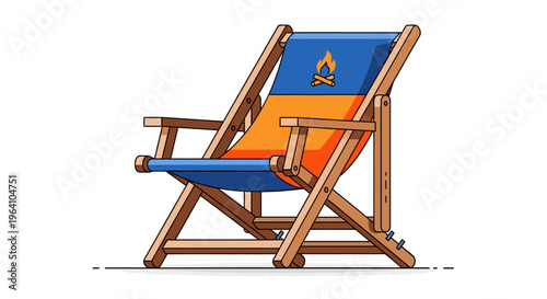 Wooden Deck Chair with Blue and Orange Fabric.