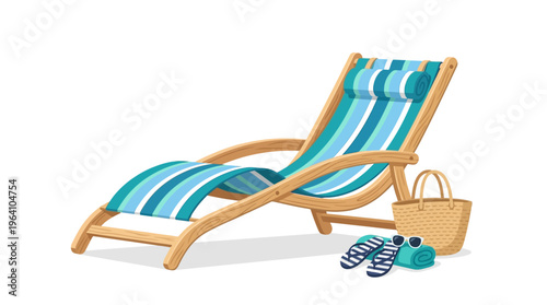 Wooden Beach Chaise Lounge with Striped Cushion and Accessories.