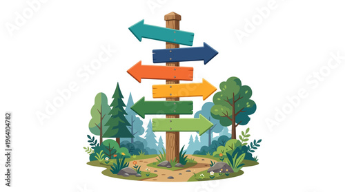 Wooden signpost with multiple colorful arrows pointing in different directions.