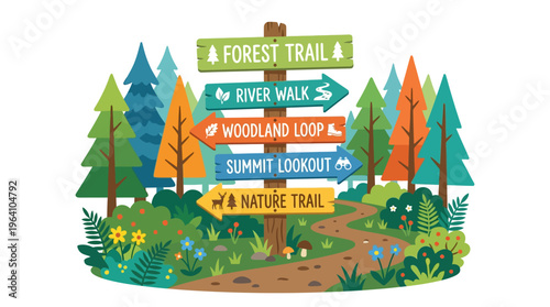 Wooden signpost with multiple trail directions in forest.