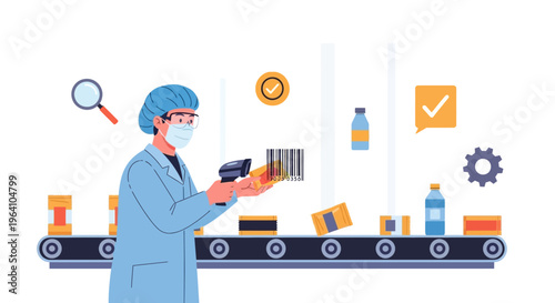 Worker in protective gear scanning items on a conveyor belt.