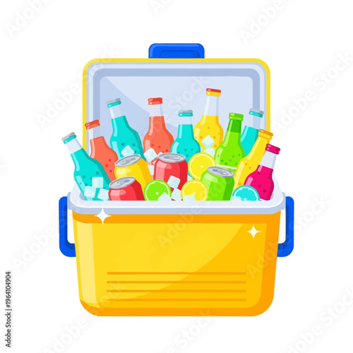 Yellow Cooler Full of Refreshing Drinks and Ice.