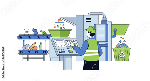 Worker operating modern recycling plant machinery.