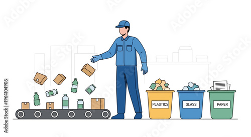 Worker sorting recyclable materials on a conveyor belt.