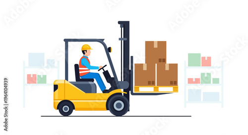 Yellow Forklift Operator Moving Boxes in Warehouse.