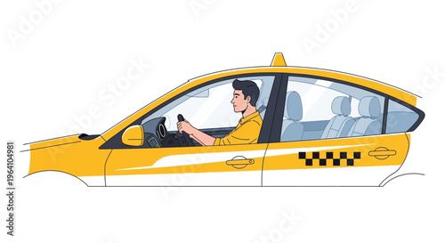 Yellow taxi cab with driver inside on white background.