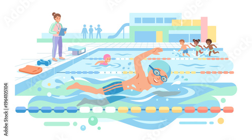 Young boy swimming freestyle in a pool with goggles.