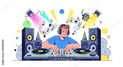 Young DJ mixing music on turntables at party.