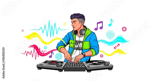 Young DJ mixing music with turntables and controller.