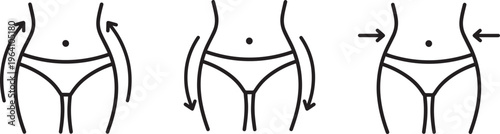 A diagram of three women's hips with arrows indicating movement.