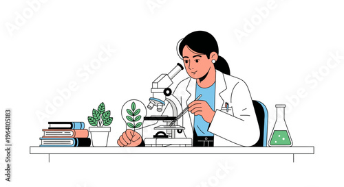 Young female scientist conducting research with a microscope.