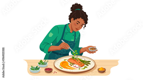Young female chef meticulously garnishing a gourmet salmon dish.