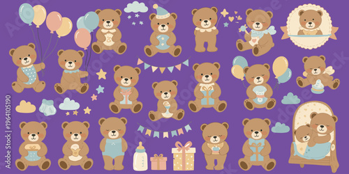 Cute cartoon bears in various poses on purple background with party decorations