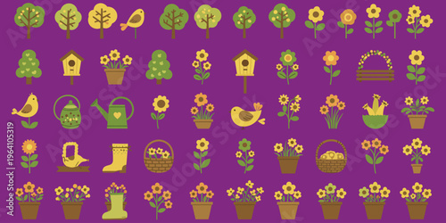 Colorful illustration of various garden tools and plant pots on purple background with flowers and trees