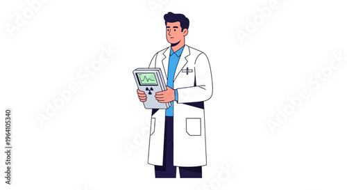 Young Male Scientist Holding Medical Device in Lab Coat.