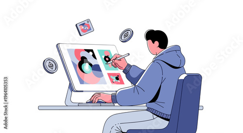 Young man artist working on digital art on computer.