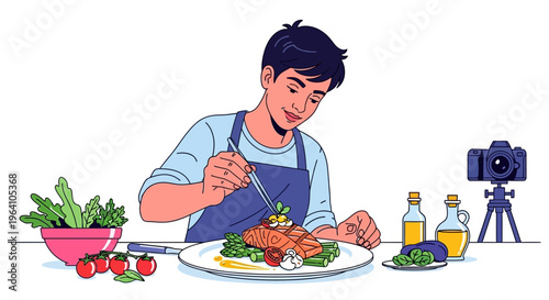 Young man carefully plating gourmet food for a video recording.