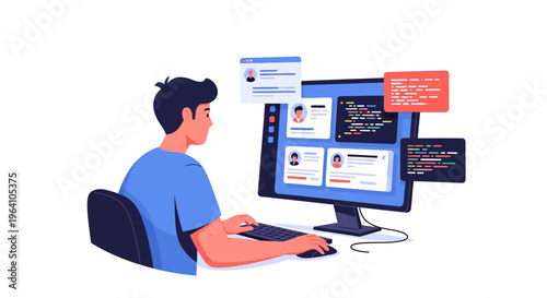 Young man coding on computer screen with multiple windows open.