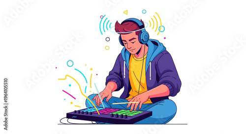 Young Man Creating Music with Dj Controller and Headphones.