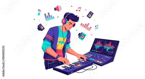 Young man creating music with keyboard and laptop.