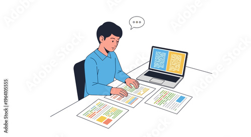 Young man diligently working on papers and laptop.