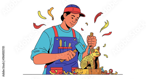 Woodcarver meticulously shaping a wooden cat sculpture with tools.