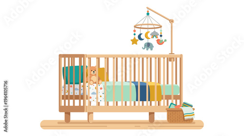 Wooden Baby Crib with Mobile and Bedding.