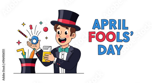 A cheerful magician holding a crystal ball and a glass of lemonade with magic tricks coming out of a top hat on April Fools' Day, with colorful illustrations and a playful prank lifestyle.