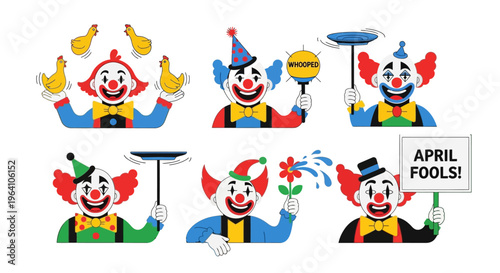 Colorful illustrations of six clowns in various playful poses with a sign reading 'APRIL FOOLS!' on a white background, conveying humor and jokes concept.