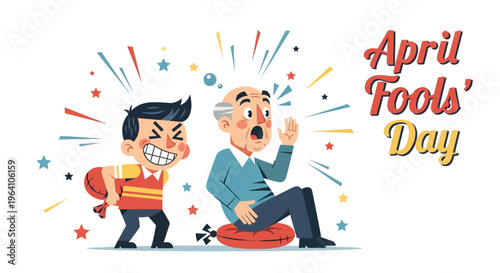 Illustration of a playful prank on April Fools' Day with a man sitting on a whoopee cushion and another man laughing in a colorful design concept for humor and jokes.