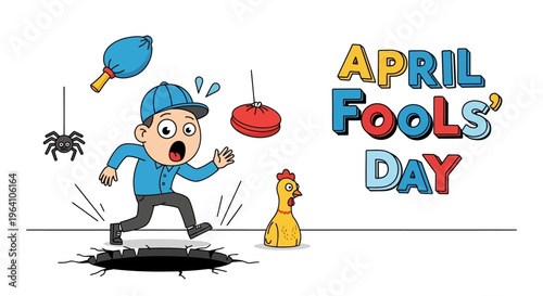 A cartoon man in a blue outfit experiences a funny surprise on April Fools' Day with a prank concept involving a spider, chicken, and flying objects in a playful and humorous illustration.