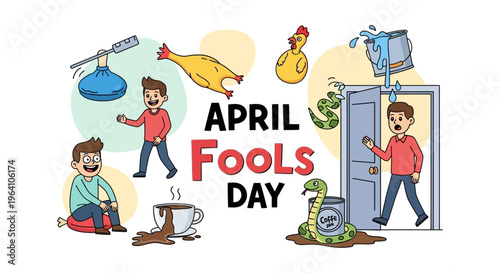 Illustration of people playing pranks on April Fools' Day with humor and jokes concept in a playful prank lifestyle.
