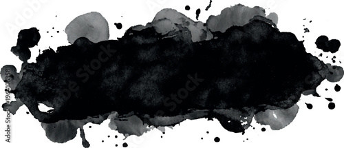 Horizontal black watercolor wash with ink splatters and textured edges