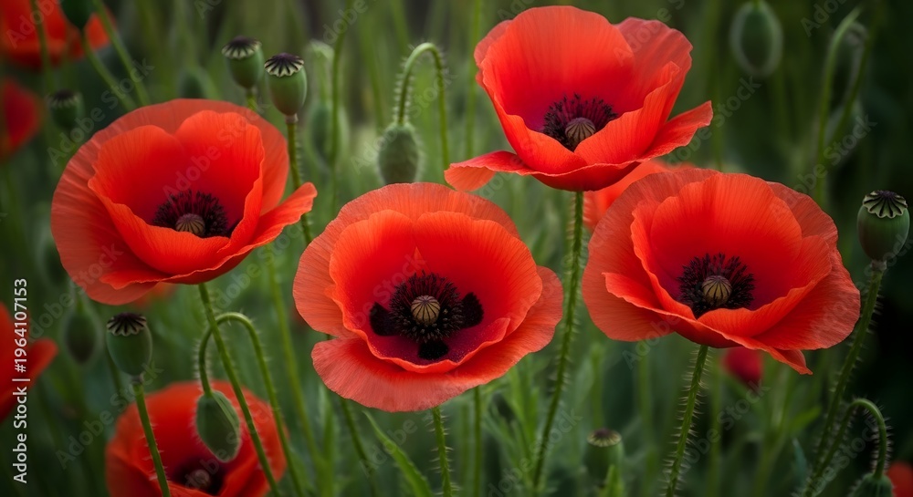 Obraz premium Vibrant red poppies in a lush green field on a sunny day