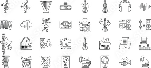 Comprehensive Collection of Music Icons Featuring Musical Instruments Audio Equipment Sound Waves and Entertainment Symbols for Graphic Design and Digital Projects