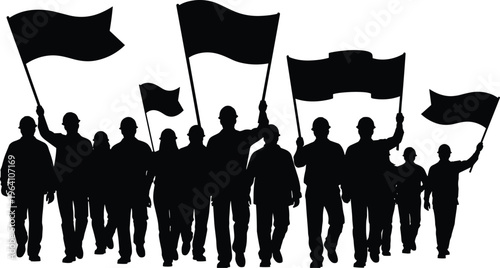 Silhouette of Industrial Workers Group Marching with Flags for Labor Day Protest Strike or Union Rally Representation Vector Illustration