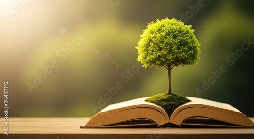 A small tree grows out of an open book on a table