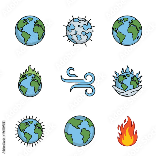 Earth Planet and Environmental Icons Set Showing Concepts Like Global Warming Protection and Elements of Nature in a Simple Cartoon Style