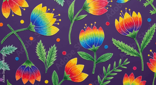 Vibrant floral pattern with rainbow flowers.