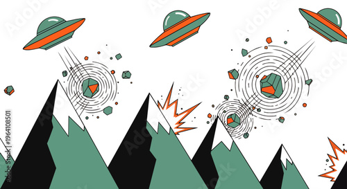 ufo invasion of a stylized mountain landscape flying saucers dropping meteors causing abstract explosions vector graphic.
